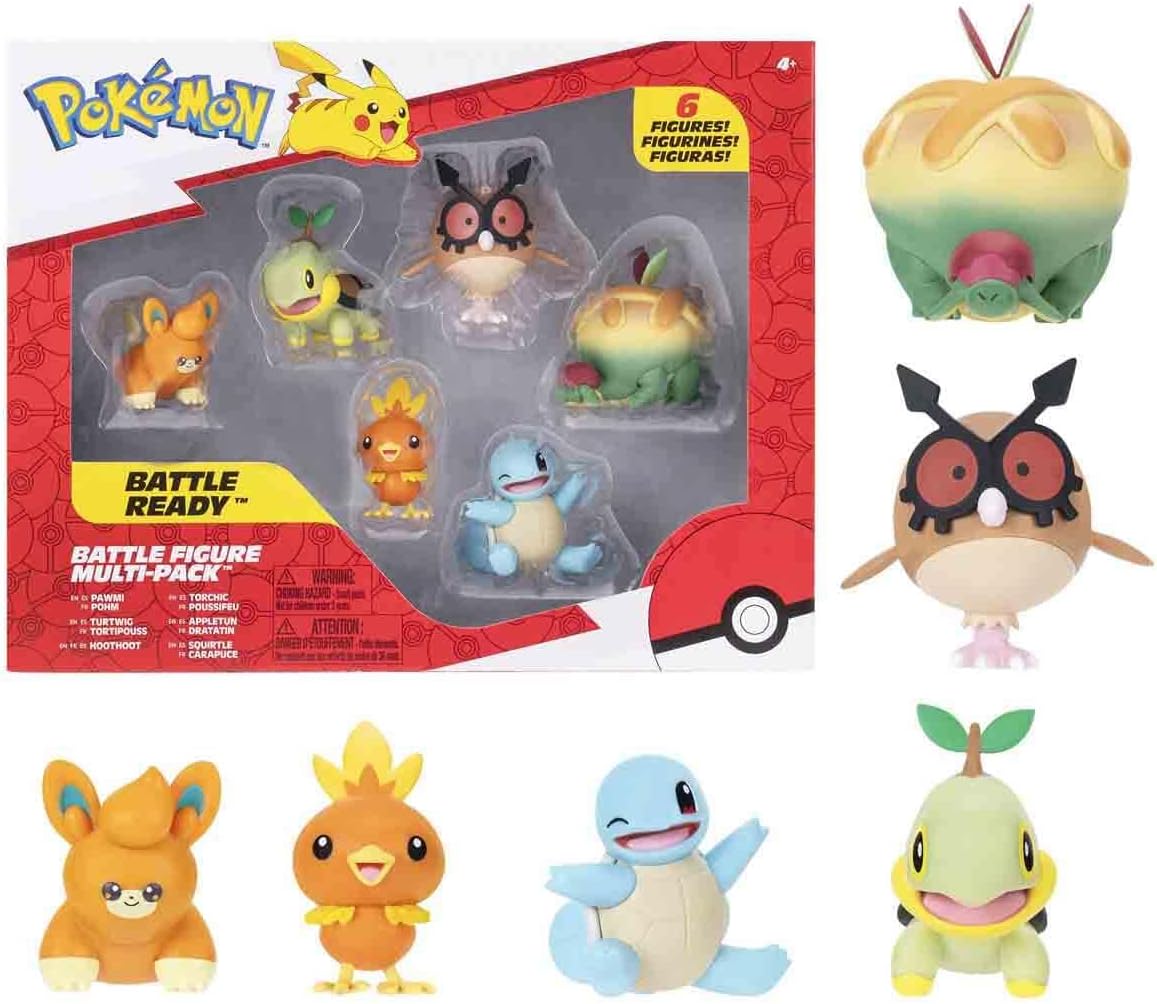 Pawmi, Turtwig, Hoothoot, Appltun, Squirtle y Torchic | Jazwares Pack 6 Figuras de Batalla Pokémon