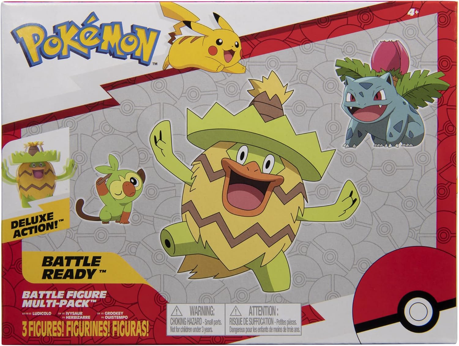 Ludicolo (Deluxe Action), Ivysaur y Grookey | Jazwares Pack 3 Figuras de Batalla Pokémon