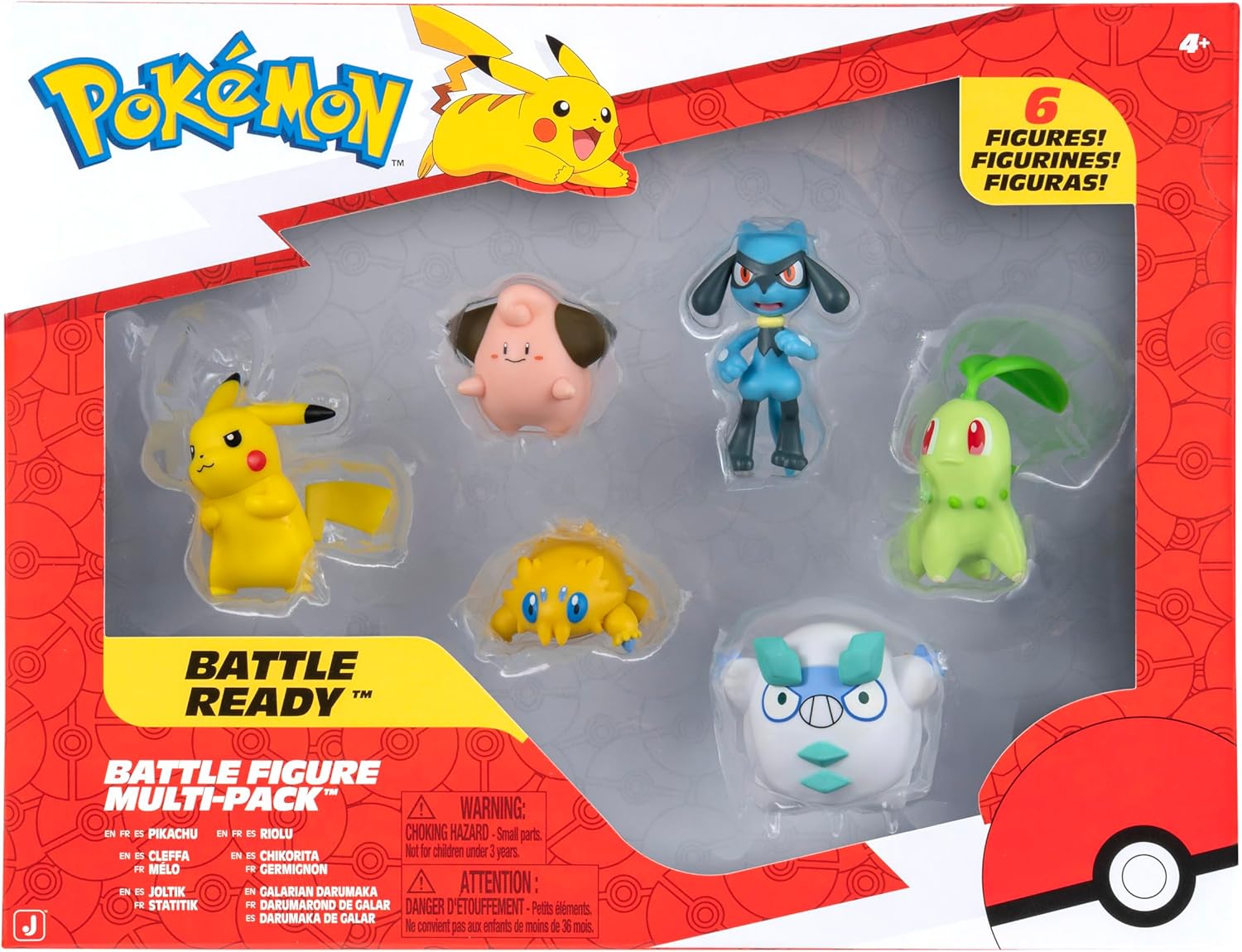 Joltik, Darumaka Galar, Chikorita, Riolu, Cleffa y Pikachu | Jazwares Pack 6 Figuras de Batalla Pokémon