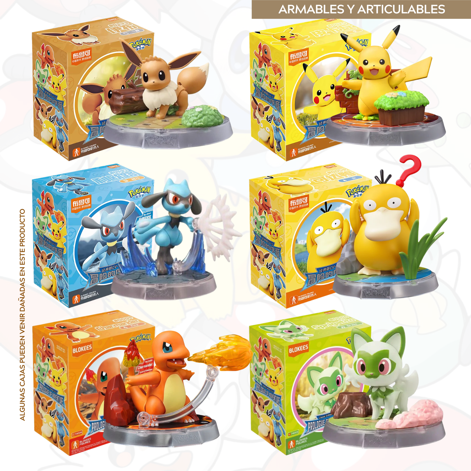 Pokemon Eevee, Pikachu, Riolu, Psyduck, Charmander y Sprigatito (model kit) - BLOKEES