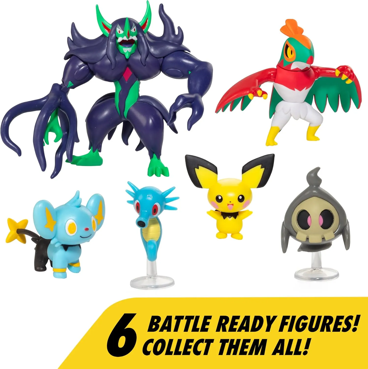 Grimmsnarl (Deluxe Action), Hawlucha, Duskull, Horsea, Shinx y Pichu | Jazwares Pack 6 Figuras de Batalla Pokémon - Image 4