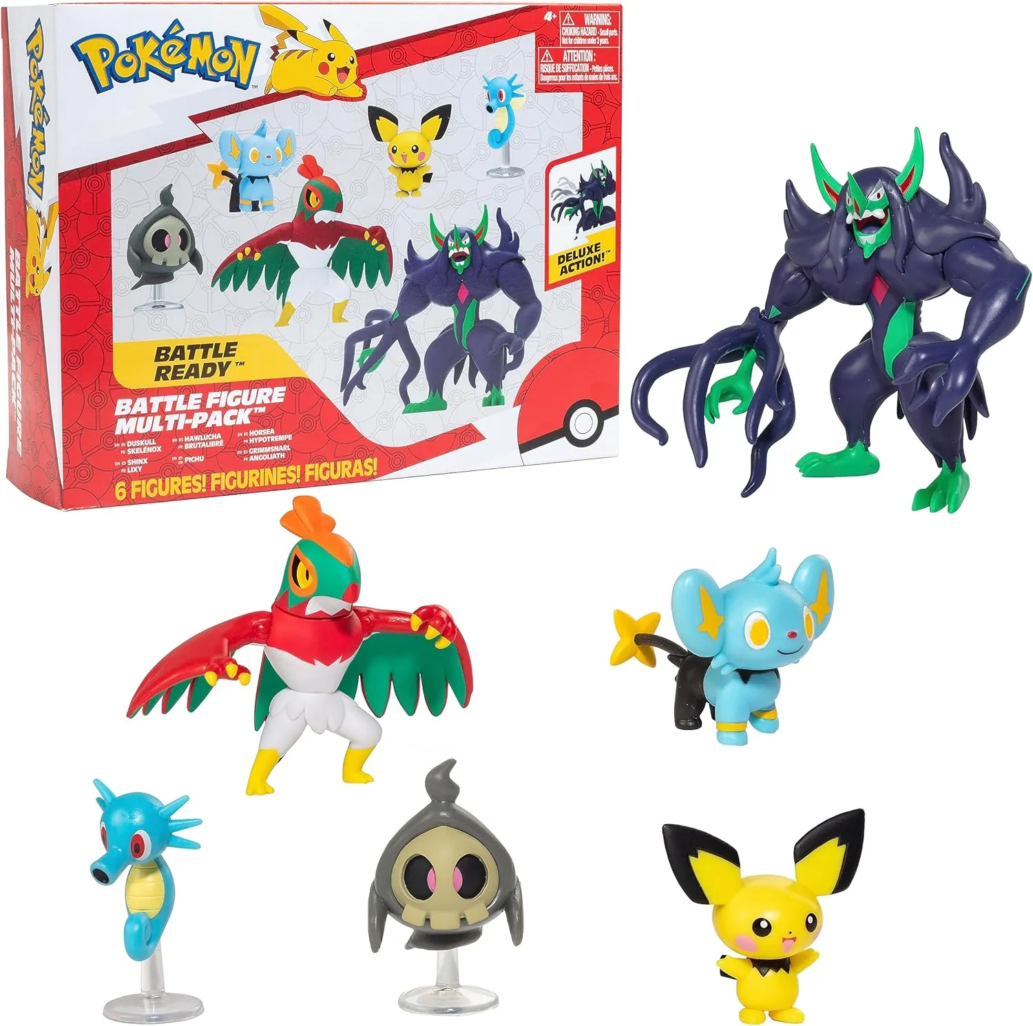 Grimmsnarl (Deluxe Action), Hawlucha, Duskull, Horsea, Shinx y Pichu | Jazwares Pack 6 Figuras de Batalla Pokémon - Image 6
