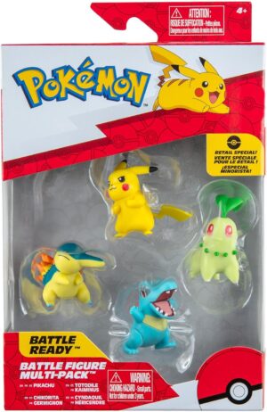 Chikorita, Cyndaquil, Totodile y Pikachu | Jazwares Pack 4 Figuras de Batalla Pokémon